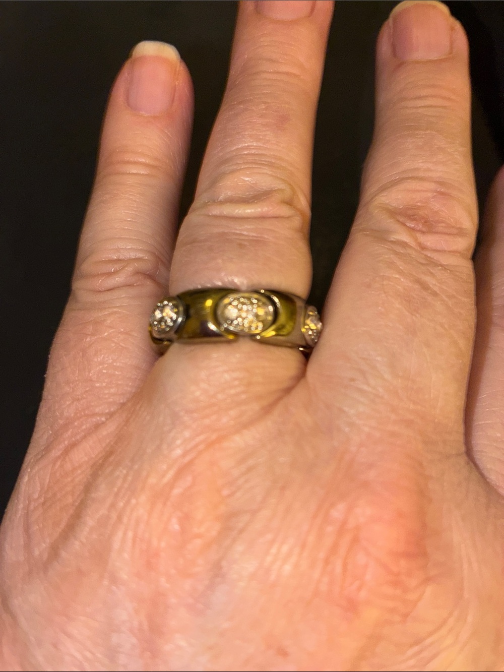 Olive Green Enamel Band Ring with Gold-Tone and Crystal Accents